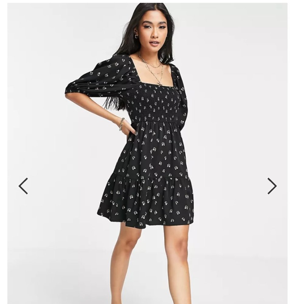 Asos balloon sleeve sherried mini beach summer dress in black sz4